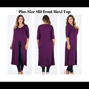 Long Body Top with High Front Slit 3/4 Sleeves Eggplant Plus Size 1X, 2X 3X